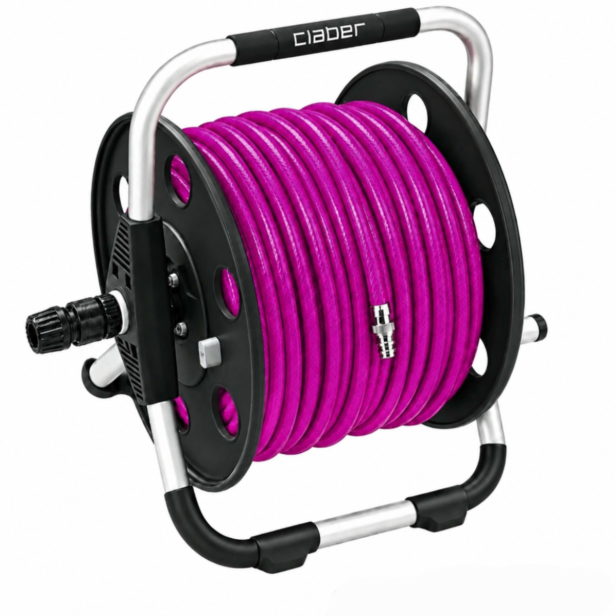 Metal Claber Reel With 100m of Hi Vis Raspberry Hose