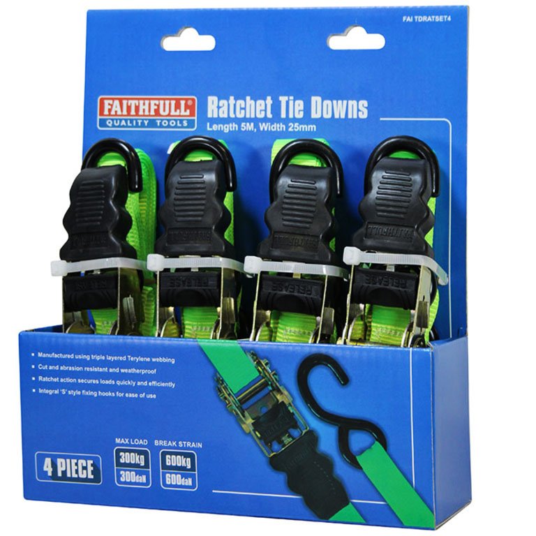 Ratchet Tie Down 5M x 25mm BS600kg - Set of 4